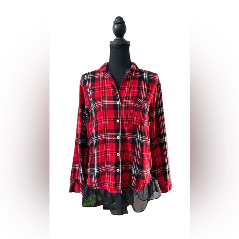 Victoria's Secret Red and Black Flannel Top with Gold Hues and Sheer Black Trim